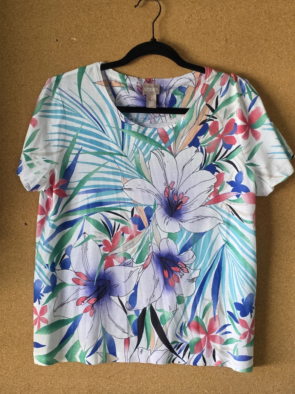 Chico’s Floral Print Short Sleeve Top Size 1  M/L Multicolor